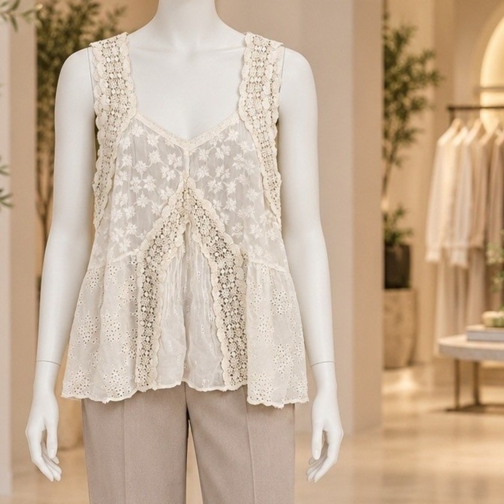 Johnny Was Womens Tank Top White Floral Embroidery Crochet Lace Boho S